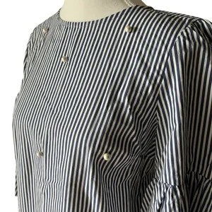 Zara Navy and White Striped Blouse Poplin Bell Sleeves Pearl Accent 3/4 Sleeves‎ thumbnail 3