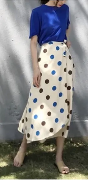 Women Casual blue Polka‎ Dot T Shirt with Asymmetrical Midi Wrap Skirt set new thumbnail 1