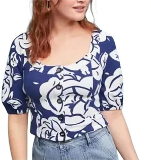 Maeve by anthology Blue and White Puff Sleeve Blouse EUC thumbnail 1