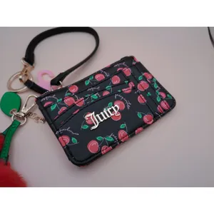 Juicy Couture Cherry Print‎ Card Holder Wallet Wristlet Black Red Pom Pom NEW thumbnail 2