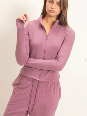 Dusty Mauve Plum Zip Up Top Wide Leg Pants Set Medium thumbnail 4
