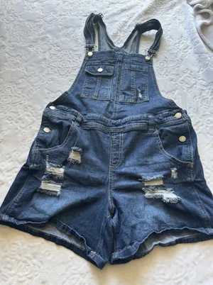 Almost Famous Romper, Women's Size 13 Blue, Denim, Overalls Shorts Distressed thumbnail 1