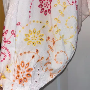 Anthropologie Maeve White Peasant Crop Top with Yellow,Orange & Pink Embroidery thumbnail 3