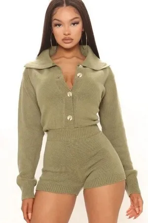 Emory Park Knit Romper Sz S Y2K Olive Green Button Front Gorpcore Club New thumbnail 1