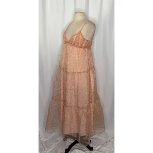 ZARA Organza Pink Peach Floral Maxi Dress Tiered Sundress Summer Vacation Medium thumbnail 6
