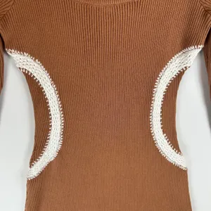 Mon Renn Brown Ribbed‎ Knit Mini Dress Long Sleeve Crochet Trim Detail Small thumbnail 7
