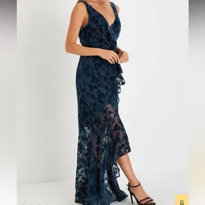 Lulu's Enchanting‎ Impression Teal Blue Floral Velvet Ruffled Maxi Dress thumbnail 4