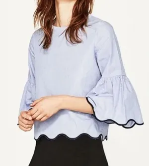 ZARA | Pinstriped Bell Sleeve Scallop Hem Top Sz XS thumbnail 1