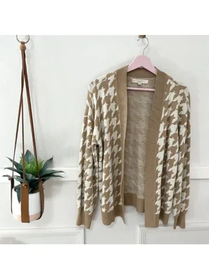LOFT Tan Open Front Houndstooth Long Sleeve Sweater Size M Old Money Chic Preppy thumbnail 2