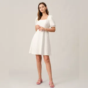 Rihoas The Solid Textured Puff Short Sleeve Mini Dress Square Neck White Size L‎ thumbnail 14