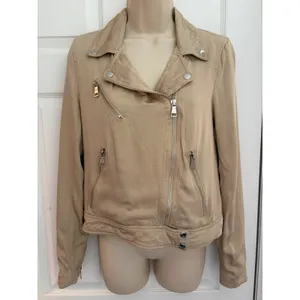 Elie Tahari Moto Jacket Beige Stretch Zip Cropped Womens S Biker Luxury thumbnail 2