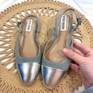 Steve Madden Belinda Adjustable Buckle Sling Back Flats Denim Silver Size 6 thumbnail 2