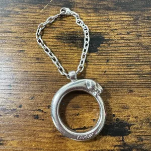 Cartier Silver Metal Panther Circle Keychain Bag Charm Engraved Pendant thumbnail 9
