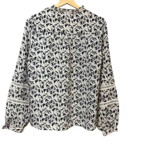 Haver + Blair London Navy Leaf Print Ruffle Neck Crochet Sleeve Blouse Medium thumbnail 3