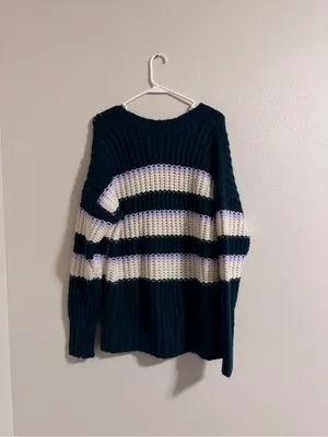 NWT AERIE Striped Crewneck Sweater in Black, Cream & Lavender thumbnail 3