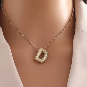 Gold tone puffy pave initial letter D pendant necklace thumbnail 2