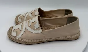Tory Burch Poppy Espadrille Canvas Flats Beige White Logo 6M 41012 thumbnail 1