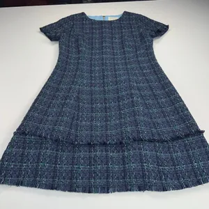 Sail to Sable Tweed Short Sleeve Shift Dress Tiered Hem Navy Blue/Green Size 6 thumbnail 13