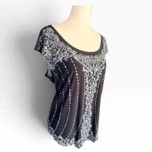Vintage Y2K Dressbarn Collection Size 18 Black Silver Beaded Party Top USA thumbnail 2