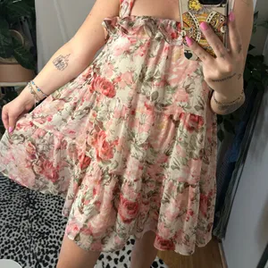 Aakaa Floral Tiered Babydoll Flounce Hem Mini Dress Pink Size Medium thumbnail 4