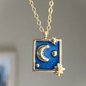 Handmade gold stainless steel blue celestial whimsical chic moon necklace🌟 thumbnail 5