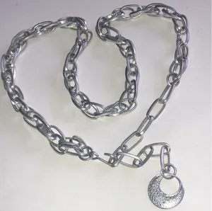 Silver Tone Link Chain Belt with Textured Disc Pendant thumbnail 1