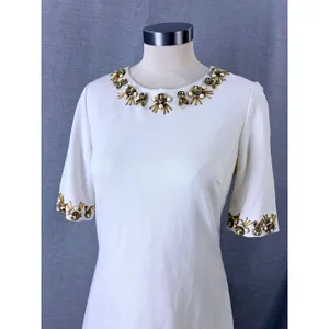 Eliza J‎ Ivory Jewel Embellished Shift Dress Gold Beaded Neckline Size 8 thumbnail 2