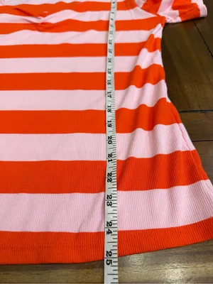 CATO Ribbed Striped Heart Neck Top Size L Pink Orange Puff Sleeve Stretch Knit thumbnail 5