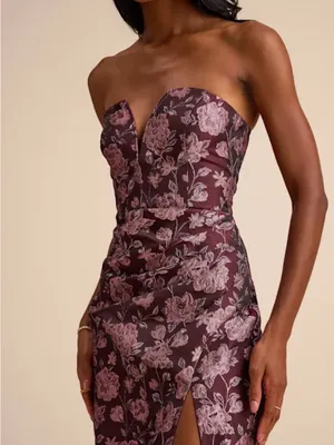 Lulu's Plum Strapless Floral Jacquard Gown with Side Slit thumbnail 5