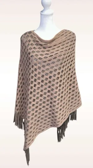 Do everything in love Elegant Taupe Open-Knit Fringe Poncho thumbnail 1