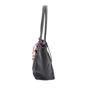 Black Faux Leather Tote Bag with Scarf Accent Gold Hardware Large Shoulder Purse thumbnail 5