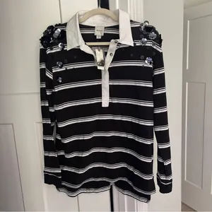 NWT Maeve Anthropologie‎ It Girl Polo Top Black White Stripe Long Sleeve Top thumbnail 4