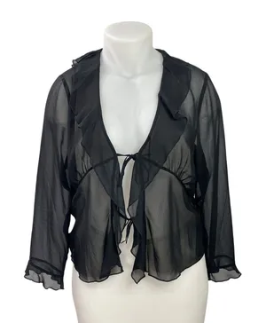 Aritzia Wilfred Black Long Sleeve Chiffon Sheer Ruffles Tie Front Blouse Top XL thumbnail 1