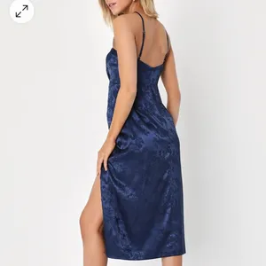 New - Lulus Desirable‎ Dream Navy Blue Satin Jacquard Halter Neck MIDI Dress thumbnail 4