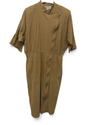 Vintage NEWS from California Asymmetrical Zip Midi Dress Tan Dolman Sleeve L thumbnail 1