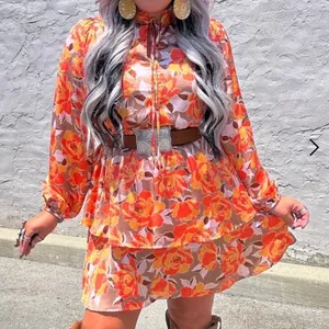 Emily Wonder Womens 1X Floral Mini Dress Orange Tan Tiered Boho 1X-18‎ thumbnail 1