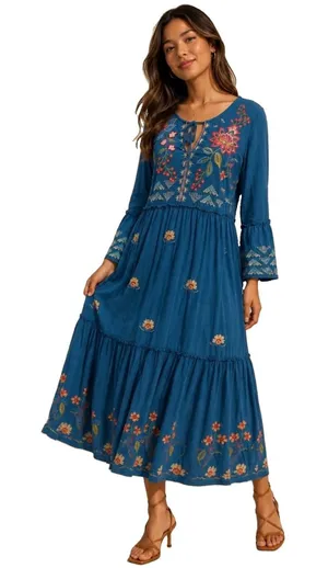 Johnny Was Bluebelle Embroidered Teal Maxi Dress S Bell Sleeve Peasant Tiered thumbnail 1