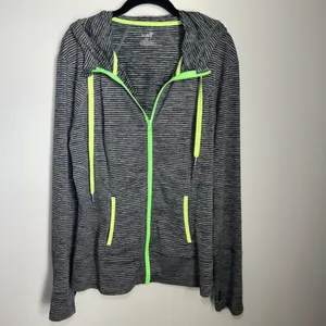 Lukka Hooded Athletic Full Zip Jacket Gray Black Stripes Pockets Thumb Holes XL thumbnail 9