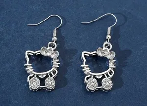 Hello Kitty Licensed Silver Plated Hollow Metal Drop with Rhinestones Earrings thumbnail 1