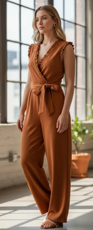Calvin Klein Brown Ruffle V-Neck Jumpsuit Size 6 thumbnail 1