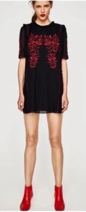 Zara Embroidered Dress Floral Ruffle Trim Black Red Short Sleeve Size‎ XS thumbnail 1