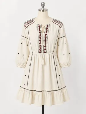 Boutique Skies Are Blue Embroidered Boho Peasant‎ Mini Dress | Size Large thumbnail 2