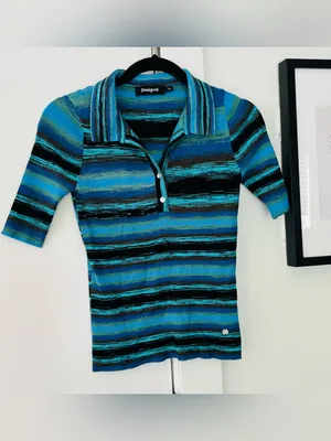 Women's Desigual Striped Knit Tshirt Blue collar size medium thumbnail 2