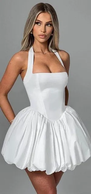 BabyBoo MARICIA MINI DRESS Halter Bubble Hem Mini Dress,M,Ivory thumbnail 2