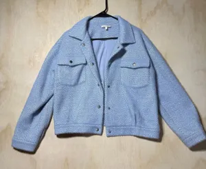 Mystree Women's M Blue Herringbone Wool Blend Cropped Shacket Snap Front Jacket thumbnail 1