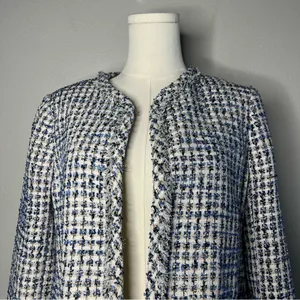 NEW Ann Taylor Blue Tweed Glitter Open Front Fringe Blazer Jacket Preppy Office thumbnail 4