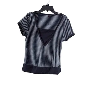 Romwe Black Gray Striped Short Sleeve Tee Shirt Large thumbnail 8