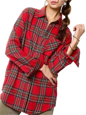 La Miel Plaid Oversized Shirt Red Button Front Long Sleeve Womens Small New thumbnail 2