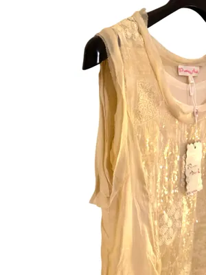PRETTY ANGEL Sleeveless Silk Whimsy Sequins Lace Sheer Lined Midi Dress Sz L NWT thumbnail 3