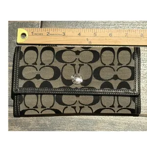 Vintage Coach Signature C Jacquard Trifold Wallet Black Leather Long Checkbook thumbnail 4